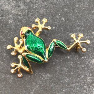 Vintage Brooch Frog Green Enamel Red Rhinestones